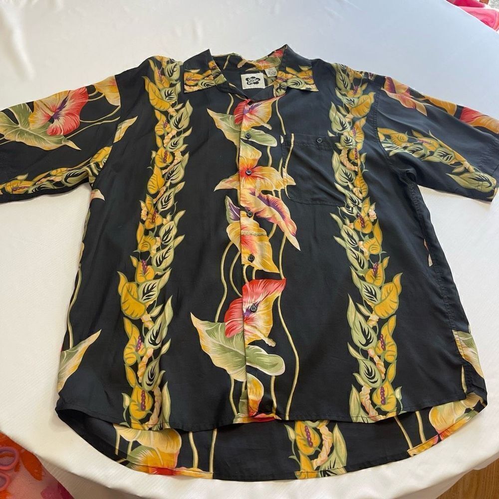 Hilo Hattie Men's Silk Black Hawaiian Short Sleeve Button Up Shirt Size Large